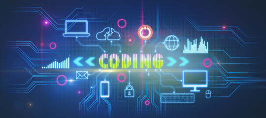 Poster - Abstract glowing wide coding hologram on blue background. Technology and innovation concept. 3D Rendering.