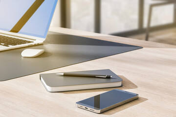 Poster - Close up of notepad and smartphone on creative outdoor wooden designer workplace desktop. 3D Rendering.