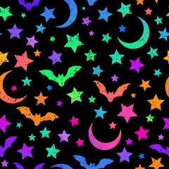 seamless pattern of multicolored bright bats, moon and stars