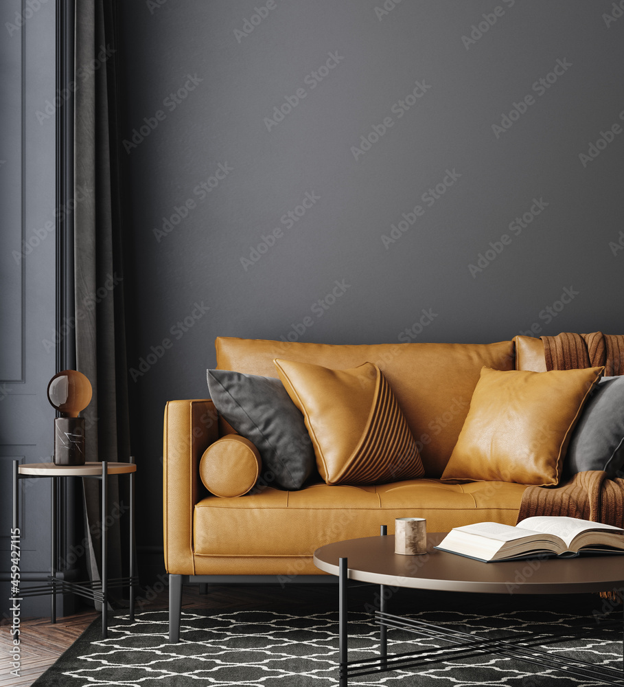 Black living room interior with leather sofa, minimalist industrial ...