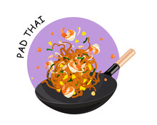 Isolated Pad Thai Coming Up From Steel Pan, Thai Noodles Fried With Shrimp, Eggs, Chicken, Bean Sprout And Chives. Famous Thai Food Cooking Vector Illustration.  