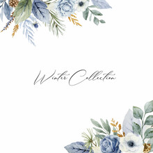 A Watercolor Vector Winter Wreath With Dusty Blue Flowers And Branches.