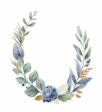 A Watercolor Vector Winter Wreath With Dusty Blue Flowers And Branches.