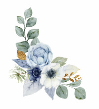 A Watercolor Vector Winter Bouquet With Dusty Blue Flowers And Branches.