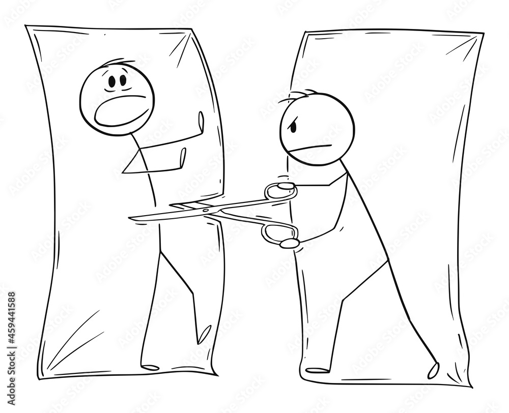 Stick Figure Slashed Drawn Person Cutting Another Man Drawn on Paper with Scissors, Vector ...
