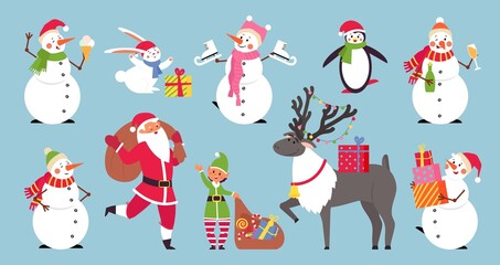 Poster - Flat cartoon christmas characters. Merry holiday, cute penguin, santa and elf. Adorable snowman and deer, kids new year decent vector elements