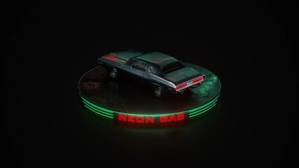 neon gas retro car. dodge challenger. neon light, fog rain and night. color reflections on wet aspha