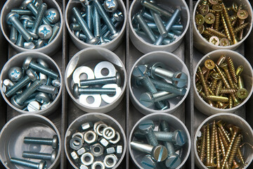 Box with nuts, washers and screws