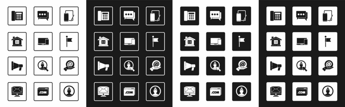 Set Phone and graphic tablet, Monitor phone, House, Telephone, Location marker, Speech bubble chat, Mail e-mail in hand and Megaphone icon. Vector
