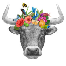 Portrait Of Bull With A Floral Crown.  Flora And Fauna. Hand-drawn Illustration, Digitally Colored.