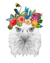 Portrait Of Eagle With A Floral Crown.  Flora And Fauna. Hand-drawn Illustration, Digitally Colored.