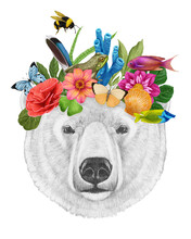 Portrait Of Polar Bear With A Floral Crown.  Flora And Fauna. Hand-drawn Illustration, Digitally Colored.