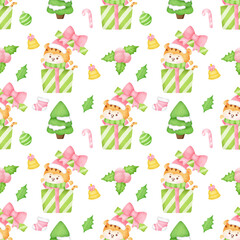  Merry Christmas and Happy new year with cute tiger seamless pattern.