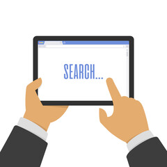 Poster - Tablet with search web browser window in hand. Browser on the tablet screen. Surfing the internet business concept. Using digital tablet. Vector illustration. EPS 10.