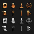 © Vadim - Set Magic staff, Pentagram in circle, Bottle with love potion, wand, Ancient magic book, Sword the stone, and icon. Vector