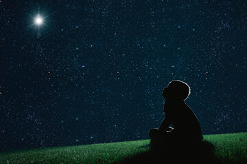 Wall Mural - child sit on the grass at night and look at the christmas night sky
