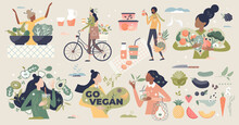 Vegan And Natural, Green Diet Eating Lifestyle Tiny Person Collection Set. Avoid Meat Elements And Animal Products In Your Meal With Healthy Alternative From Vegetarian Nutrition Vector Illustration.