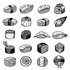 Canvas Print - Sushi food. Natural asian cuisine rolls and sushi wasabi rice sauce different products from fish recent vector hand drawn japan products