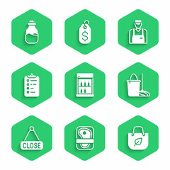 Poster - Set Commercial refrigerator, Meat packaging steak, Shopping bag with recycle, Mop and bucket, Hanging sign Closed, list, Seller and Spice can icon. Vector