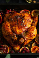 Wall Mural - Baked appetizing whole chicken with vegetables