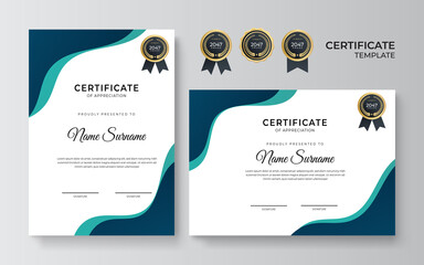 Modern clean dan simple blue green certificate template on white background. Certificate of achievement template with gold badge and border