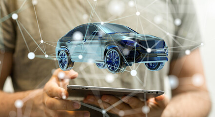 Poster - Man holding and touching holographic smart car