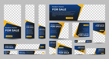 real estate banner design web template set, horizontal header web banner. modern gradient blue cover