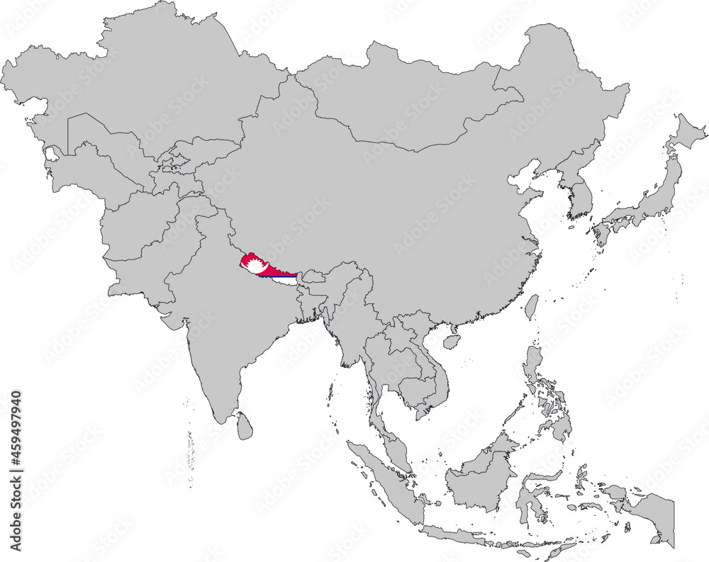Map of Nepal with national flag on Gray map of Asia Stock Vector ...