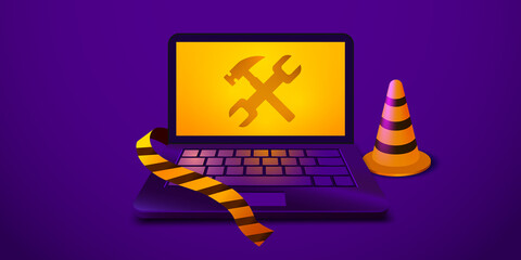 Laptop with wrench and hammer on the screen. Computer repair service, maintenance, technical support. Website is under construction.