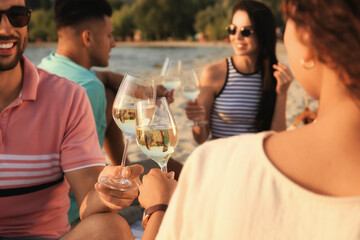 Sticker - Group of friends having picnic outdoors at sunset, focus on glasses