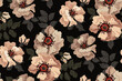 © Yulya i Kot - Seamless floral pattern on a dark background. Abstract composition of large wild rose flowers, leaves. Vector illustration.