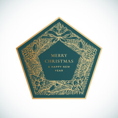 Wall Mural - Christmas and New Year Hand Drawn Sketch Wreath, Frame Banner or Sticker Template. Abstract Holiday Promo Sale Vector Pentagon Shape Label with Retro Typography and Gold Color. Isolated