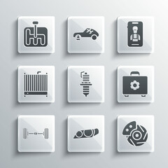 Wall Mural - Set Car headlight, brake disk with caliper, Toolbox, spark plug, Chassis car, radiator cooling system, Gear shifter and Online services icon. Vector