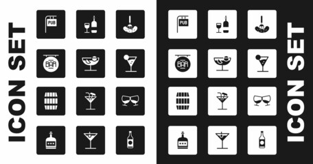 Poster - Set Pickled cucumber on a fork, Cocktail, Street signboard with Bar, Pub, Martini glass, Wine bottle, Glass of cognac brandy and Wooden barrel icon. Vector