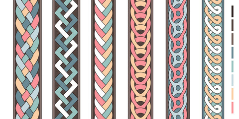 Braid lines. Wicker borders, colored knoted patterns, braided intertwined ropes, vector twist striped ornaments, curly braiding line strings vector set isolated on white