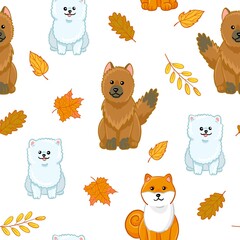 Autumn seamless pattern with dogs breed. Vector cartoon illustration with shiba inu, german shepherd, pomeranian and fall leaves. Wrapping paper for print on white background.