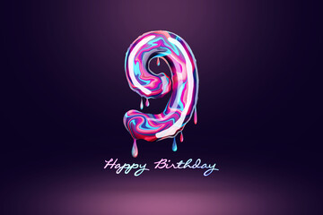 nine year anniversary background, number from pink candy on dark background. Concept for happy birthday background, brochure template, party, poster. 3D illustration, 3D rendering.