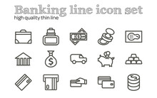 Finance Or Banking Line Icon Set With Money Van, Money Pouch, Gold