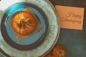 Poster - Vintage style autumn decoration from top view with Thanksgiving greeting card for holiday.