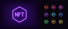Outline Neon NFT Icon. Glowing Neon Nft Sign, Non-fungible Token Pictogram In Vivid Colors