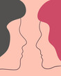 © Veronika Kurochka - Two  faces  abstract one continuous line portrait on a pink-beige background. Modern minimalist style illustration for posters, t-shirts prints, avatars, pstcard and brochure. Lovers, romantic