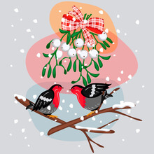 A Pair Of Birds Sitting On A Tree Branch Under A Mistletoe. The Ornamental Plant Is Tied With A Red Bow In A White Checkered Pattern.Flat Cartoon  Illustration.Vector Template For Design Cards,banners