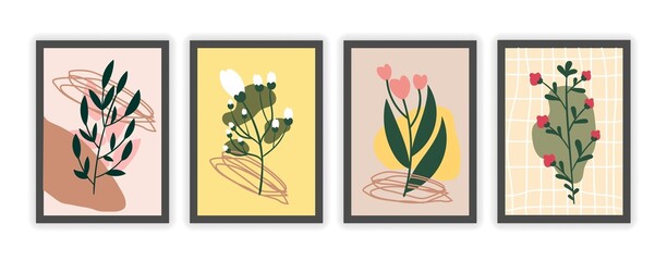 Wall Mural - set of modern floral abstract minimal covers on white background. cute colorful geometric background