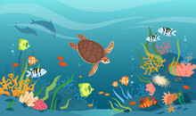 Turtle In Sea Or Ocean Waters, Underwater Tropical Wildlife Vector Illustration. Cartoon Aquatic Animals And Fishes Swimming, Cute Coral Reef And Starfish Of Bottom Undersea, Marine Life Background