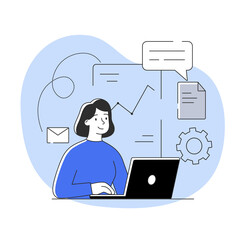 Poster - Female character is working on startup development on computer on white background. Concept of new business in a young emerging company. Flat cartoon vector illustration