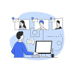 Poster - Male character is working on startup development with other employees on computer on white background. Concept of new business in a young emerging company. Flat cartoon vector illustration