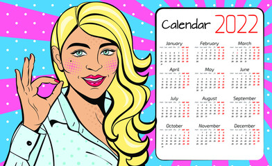 Wall Mural - A calendar for 2022 in the style of pop art with a sexy woman with squinted eyes and open mouth. Vector background in comic style retro pop art.