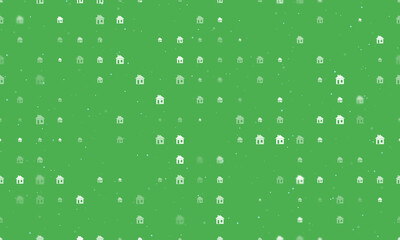 Poster - Seamless background pattern of evenly spaced white house symbols of different sizes and opacity. Vector illustration on green background with stars