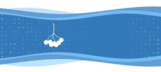 Poster - Blue wavy banner with a white rowan berry symbol on the left. On the background there are small white shapes, some are highlighted in red. There is an empty space for text on the right side