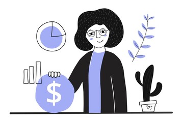 Poster - young tired female character is holding a coin on white background. hand drawn businesswoman in dood